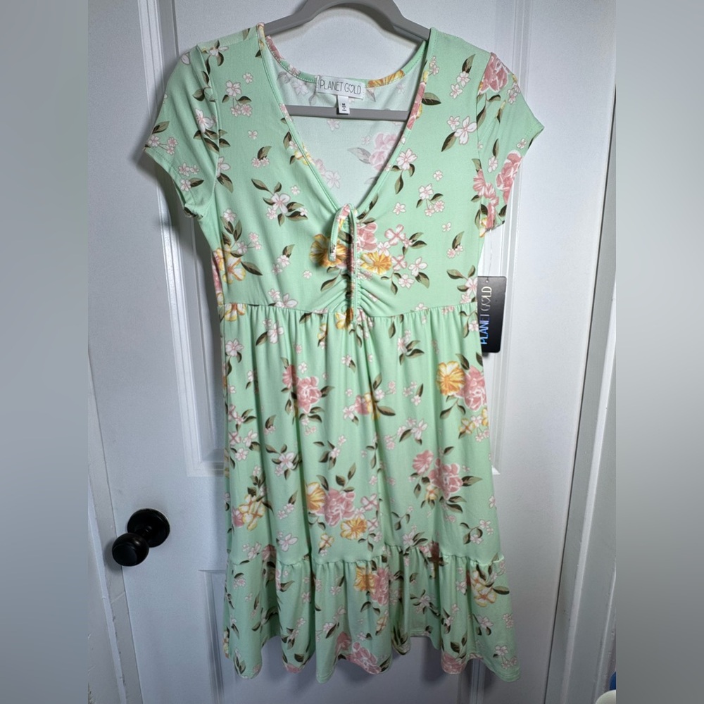 Planet Gold Mint Green Floral Tie-Front Casual Dress
